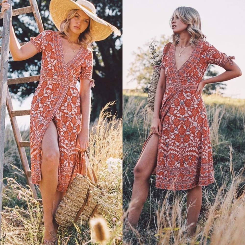 Bohemian Gypsy Floral Print Dress Tie Sleeve Slit - Picture 1 of 6